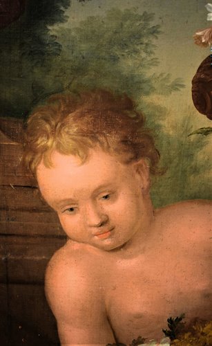 Nature Morte de Fleurs avec Putto et Fontaine dans un  jarden